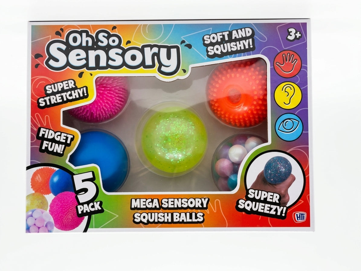 Retail box for Mega Sensory squish balls 5-pack with assorted squishy balls shown