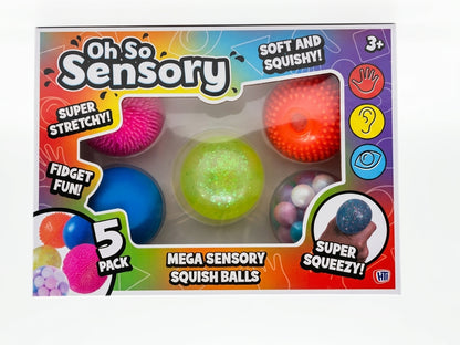 Retail box for Mega Sensory squish balls 5-pack with assorted squishy balls shown