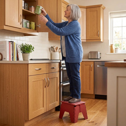 Red folding step stool in use, with top step and sturdy foldable legs
