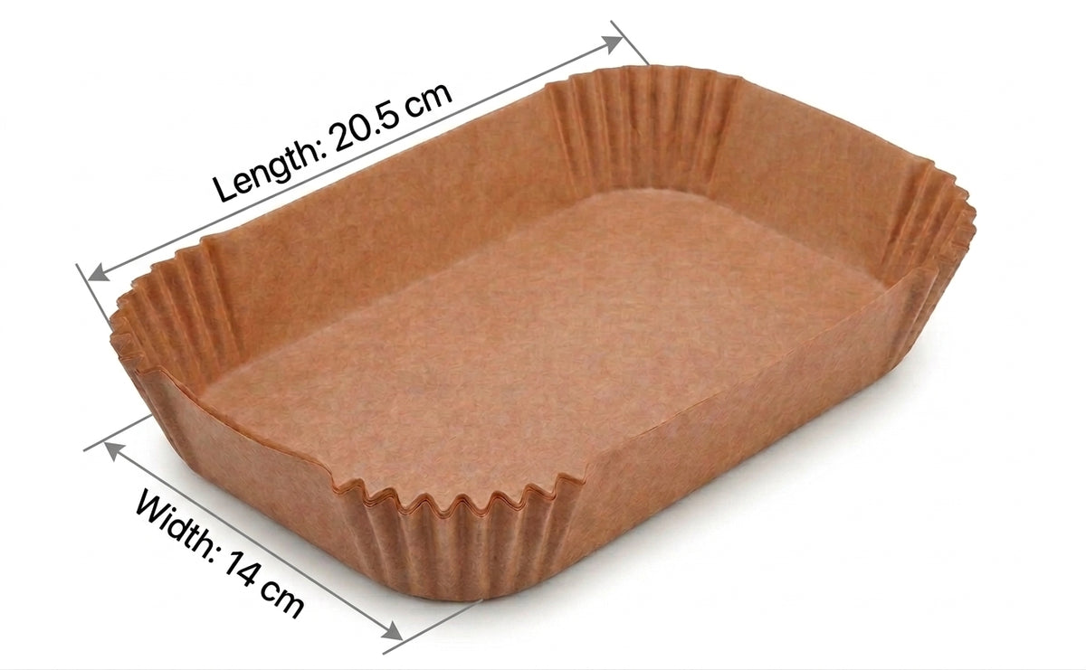 Rectangular disposable air fryer liner, brown kraft paper with crimped edges