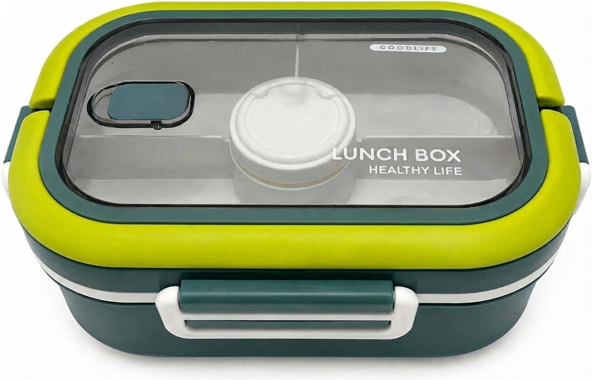 Green bento lunch box with lime lid, clear window, carry handle and front latch
