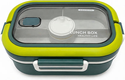 Green bento lunch box with lime lid, clear window, carry handle and front latch