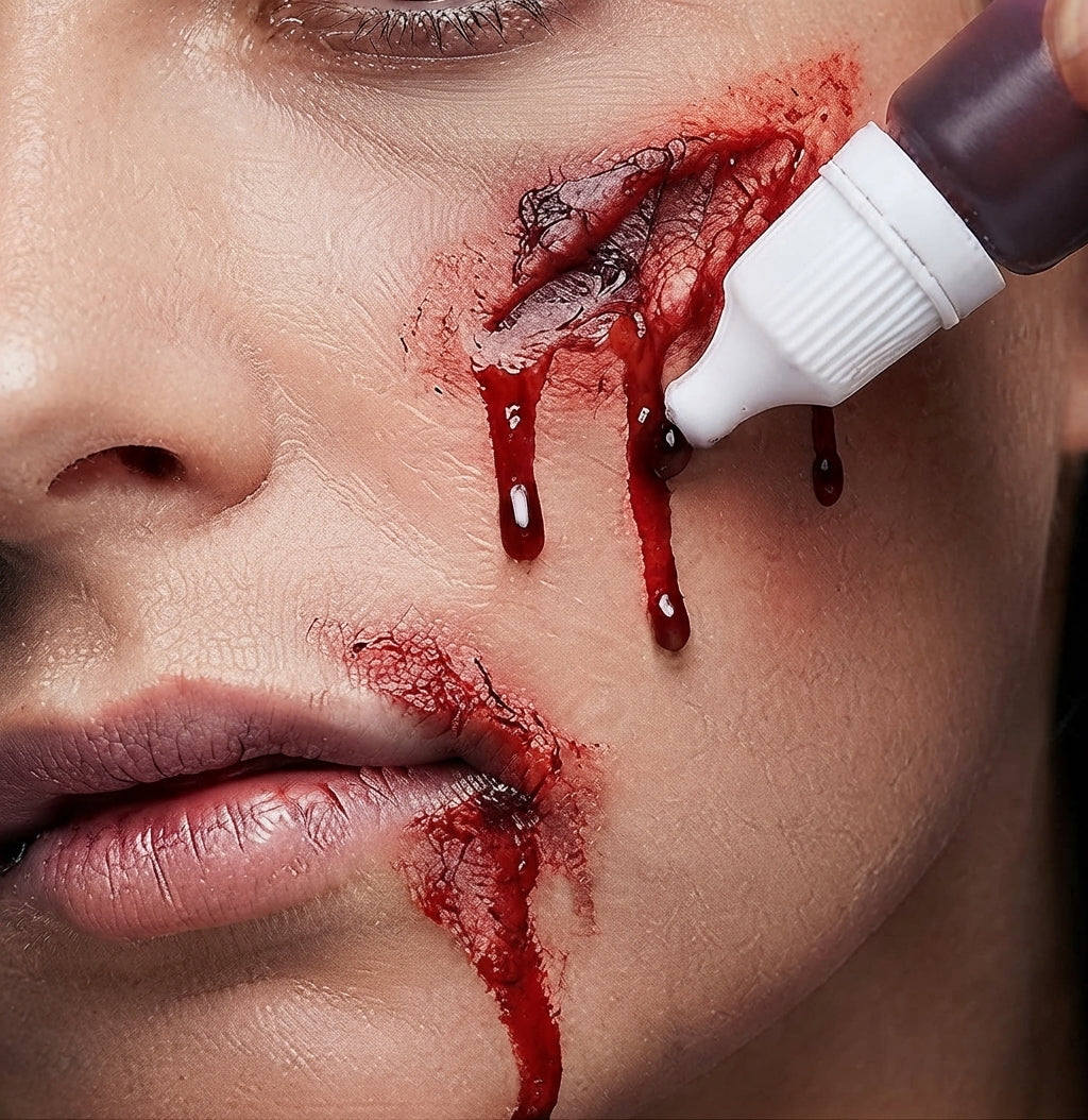 Fake blood wound makeup being applied with squeeze tip on cheek