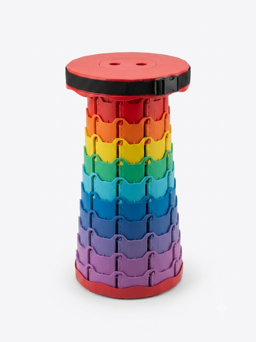 Rainbow telescopic stool with red round seat top and stacked segmented leg housing
