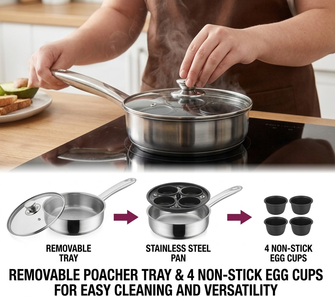 Egg poacher set showing removable tray and 4 non-stick egg cups on stainless pan