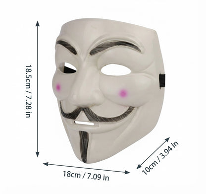 Guy Fawkes Anonymous mask side view with strap; white face and black moustache details