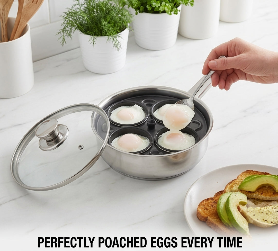 Stainless egg poacher pan with lid and four non-stick cups holding poached eggs