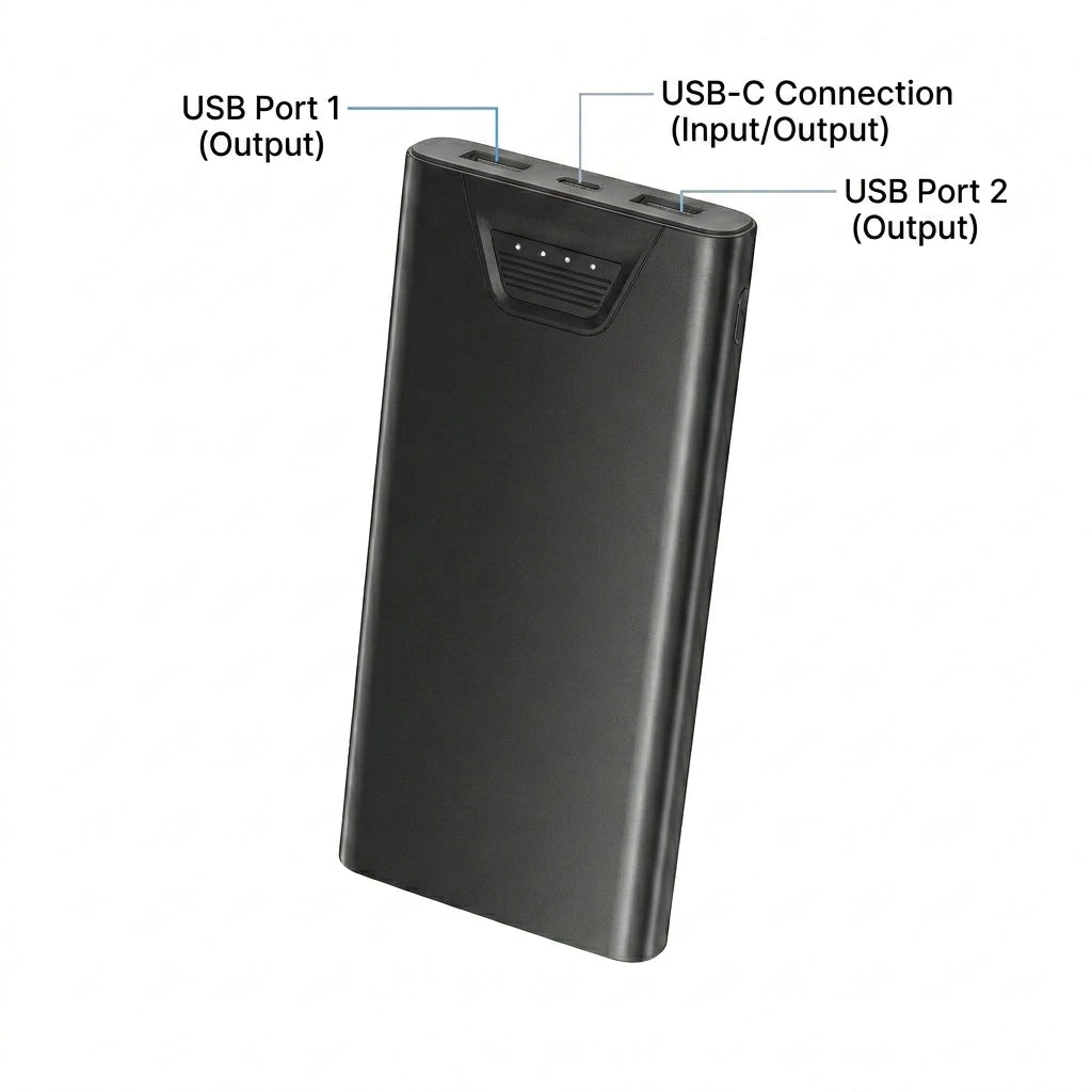 Matte black ultra-slim power bank with dual USB ports and USB-C input