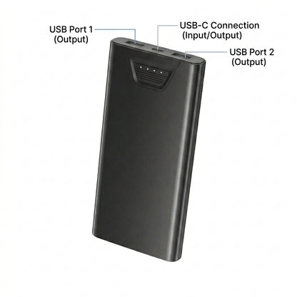 Matte black ultra-slim power bank with dual USB ports and USB-C input