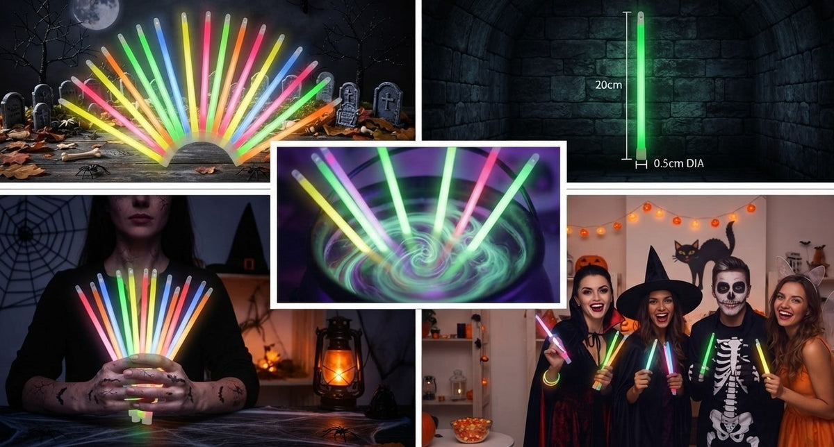 Assorted rainbow glow sticks fanned out, glowing in multiple colors.