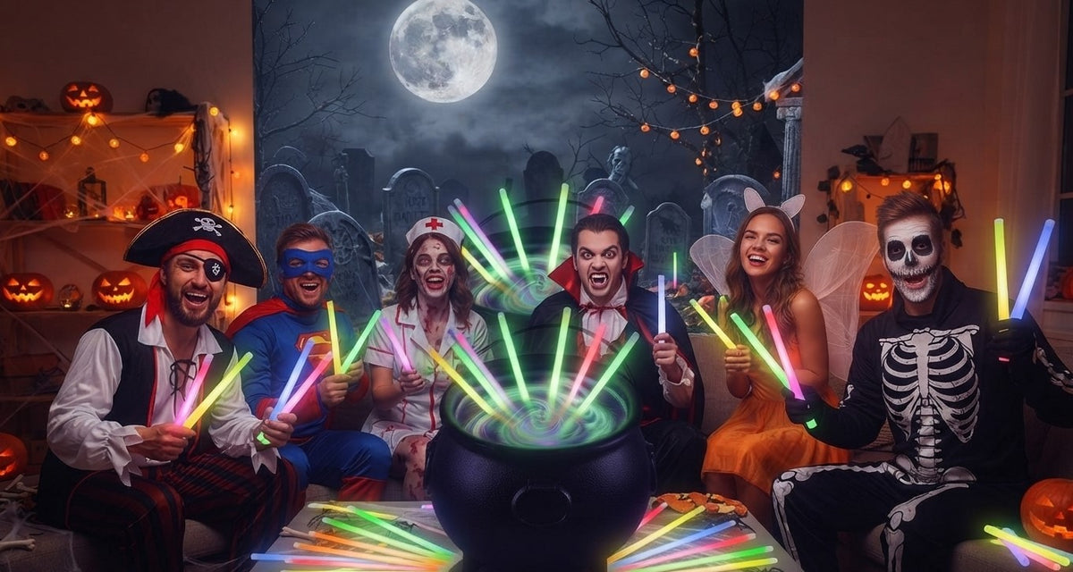 Glowing rainbow glow sticks held up by a group at night.