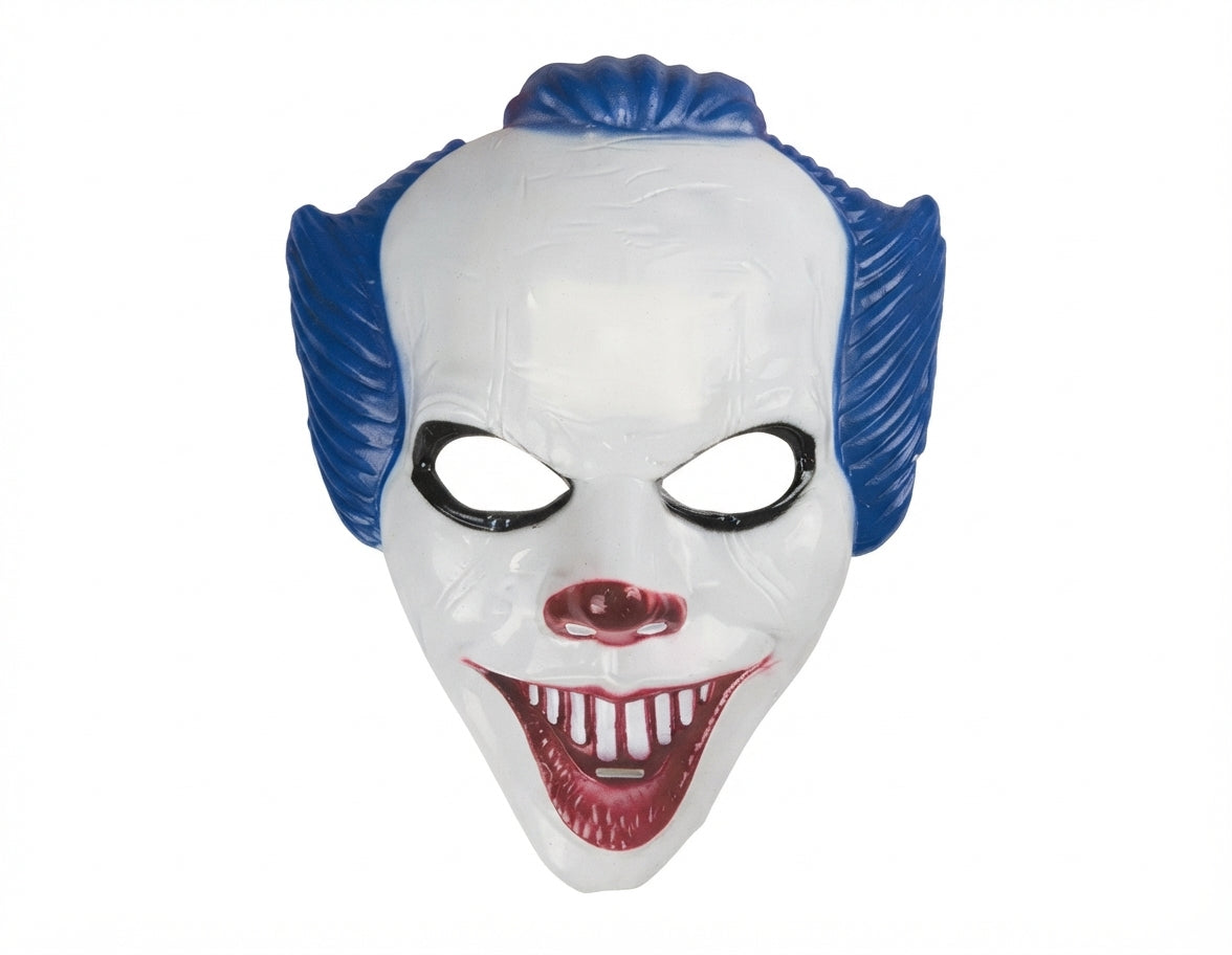 White clown face mask with blue wig and red toothy grin, black eye patches