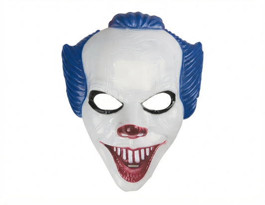 White clown face mask with blue wig and red toothy grin, black eye patches