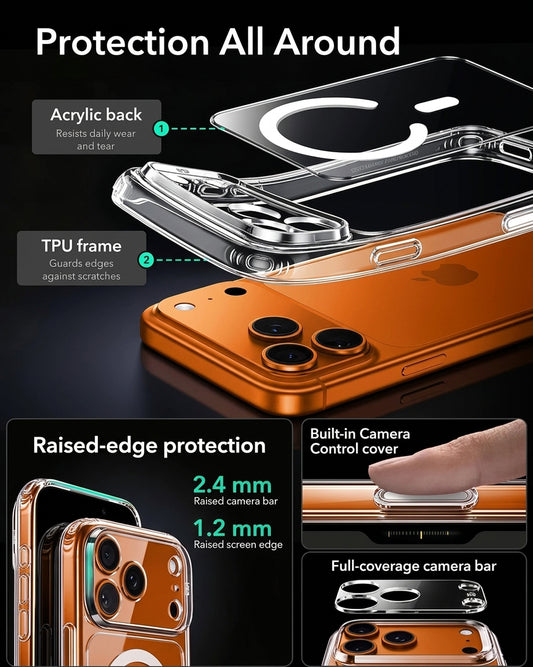 Clear magnetic phone case with raised camera and screen edges, transparent TPU frame