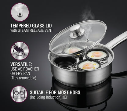 Stainless egg poacher pan with tempered glass lid and four non-stick egg cups