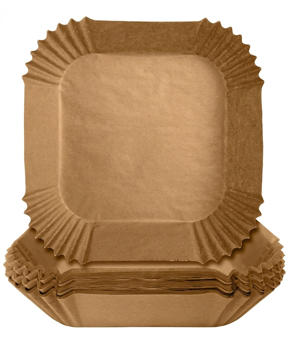 Disposable square air fryer basket liner, brown paper, ridged edges