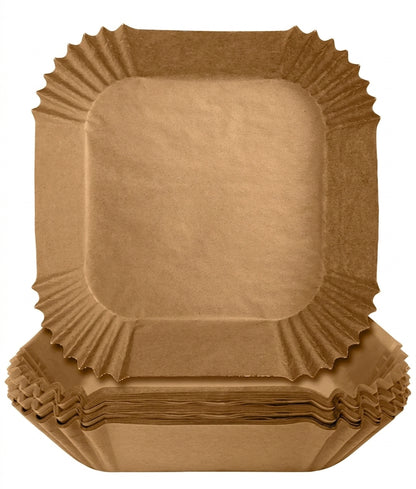 Disposable square air fryer basket liner, brown paper, ridged edges