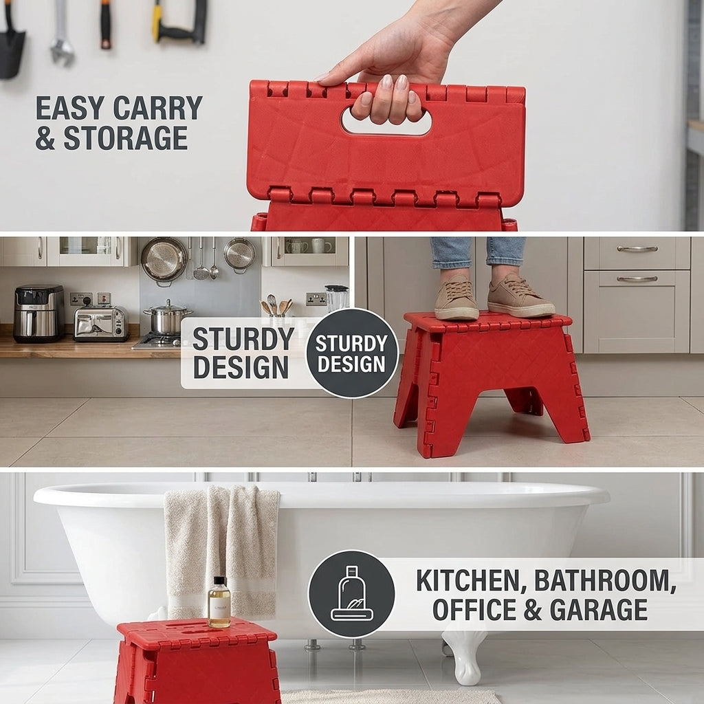 Red folding step stool with carry handle, shown folded and opened
