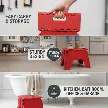 Red folding step stool with carry handle, shown folded and opened