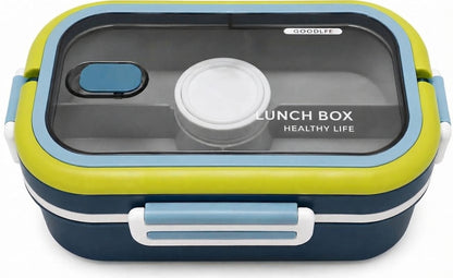 Green bento lunch box with clear window, condiment pot, and front latch