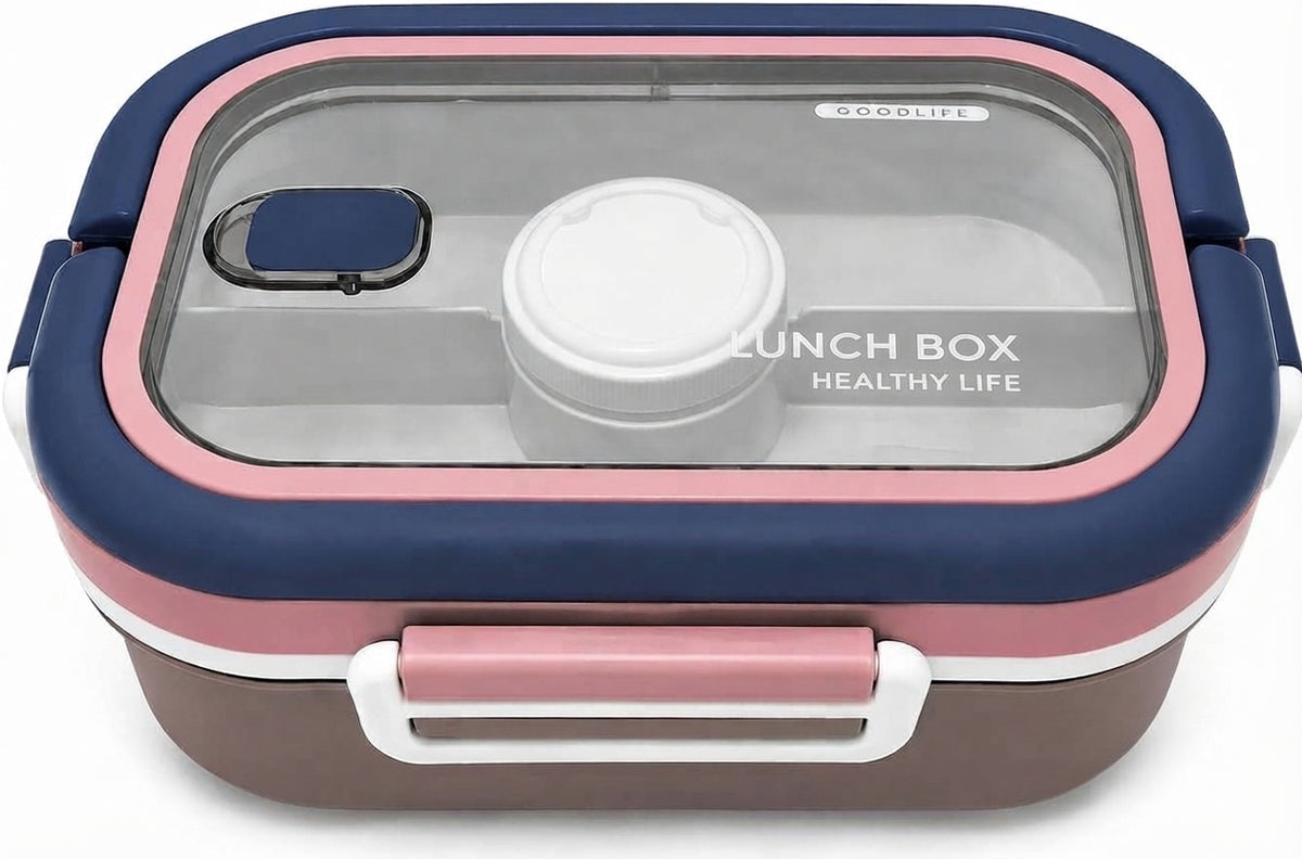 Navy and pink bento lunch box with clear window, carry handle and front latch