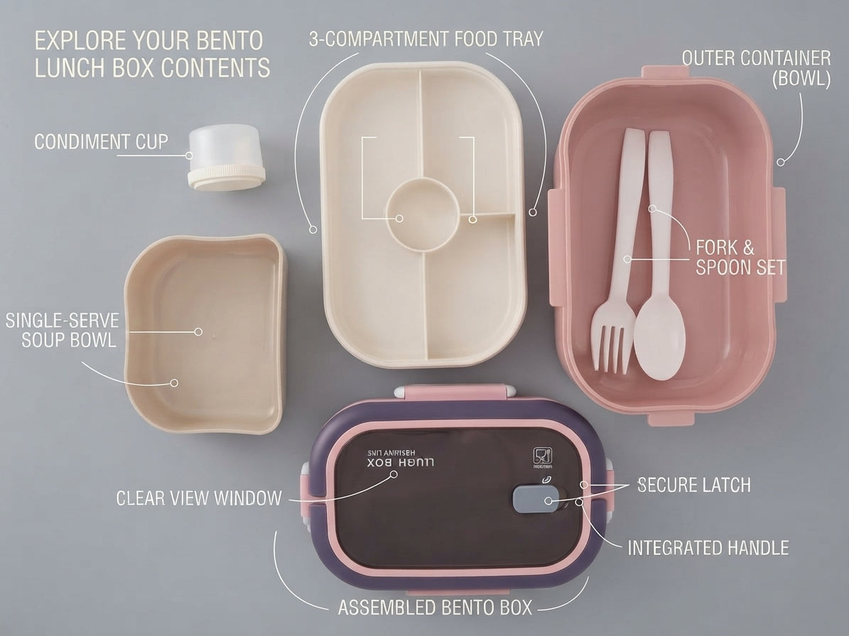 Bento lunch box with cutlery set and condiment cup, compartments with secure latch