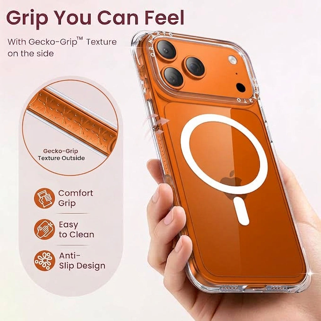 Clear magnetic phone case with textured grip sides and precise camera cutouts