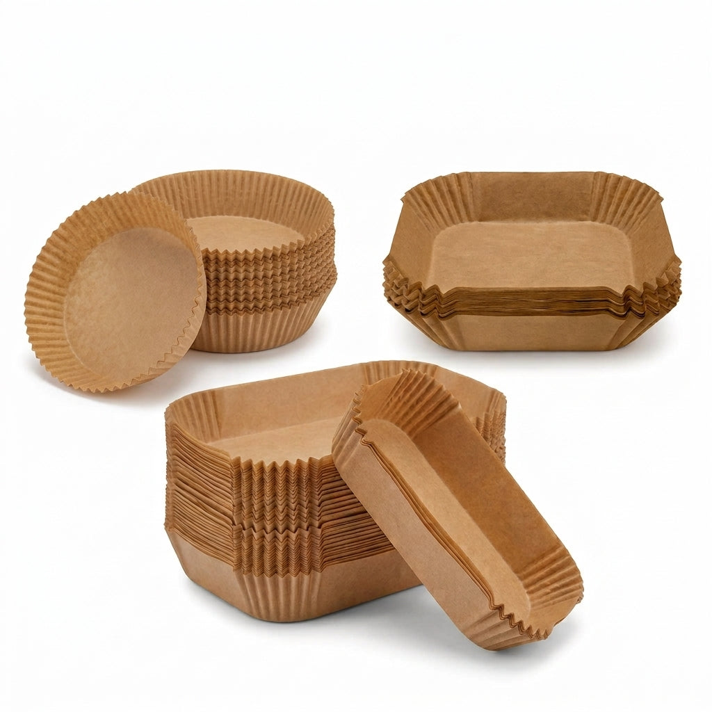 Mixed shapes disposable air fryer liners: round, square, and rectangular in brown