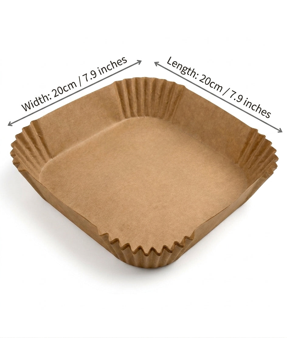 Square disposable air fryer liner, brown kraft paper tray with ribbed sides