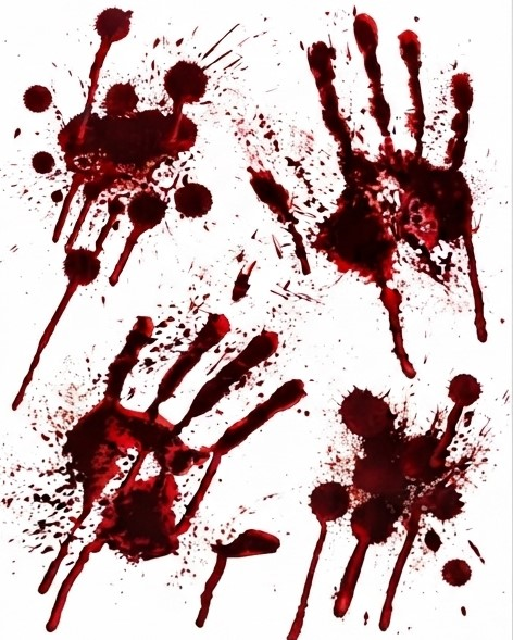 Close-up bloody handprint window sticker decal with red handprints and splatter