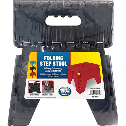 Black folding step stool box with carry handle and fold-out steps