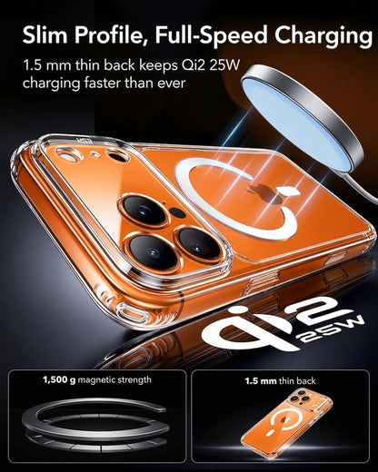 Clear magnetic phone case, slim profile with transparent back and camera protection