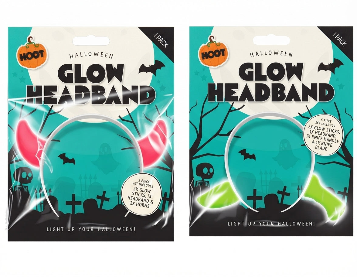 Halloween glow headband kit package with pink devil horns and glow sticks