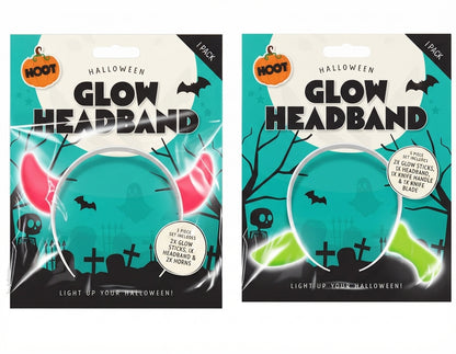 Halloween glow headband kit package with pink devil horns and glow sticks