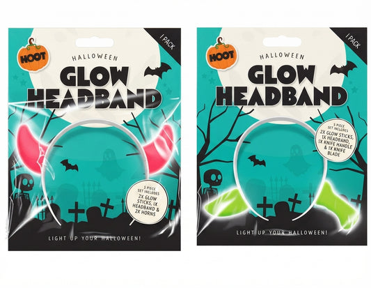 Halloween glow headband kit package with pink devil horns and glow sticks