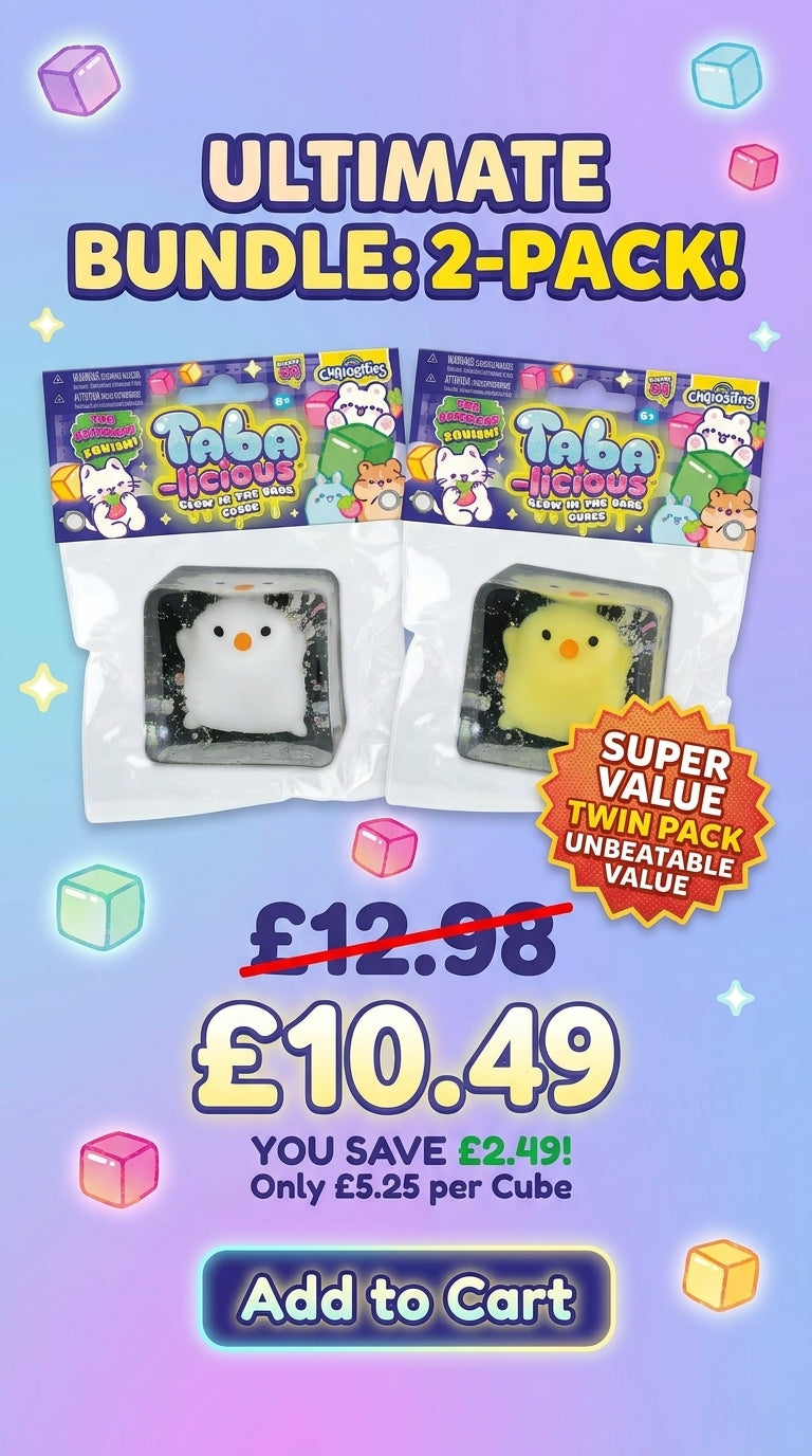 Two-pack of yellow chick glow-in-the-dark squishy stress cube toys in blister pack