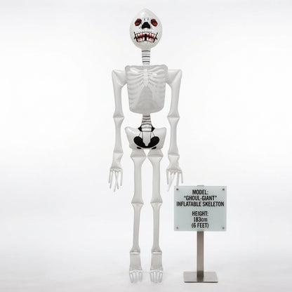 Inflatable white skeleton party decoration, full-body standing figure with red-eyed skull