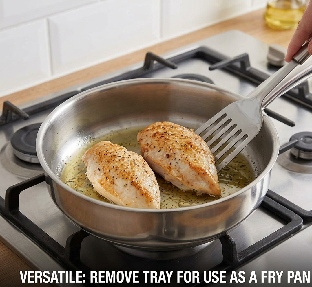 Stainless poacher pan on gas hob with tray removed, holding two chicken pieces