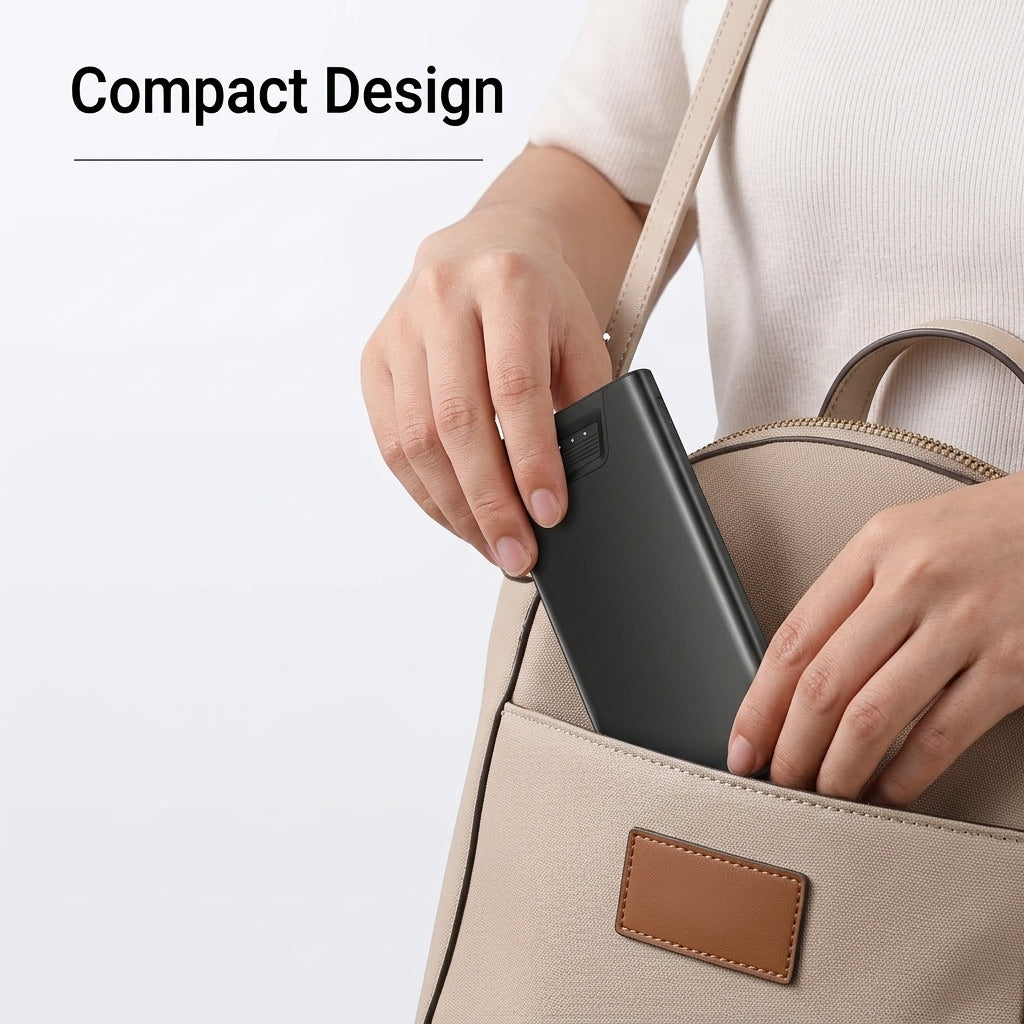 Matte black portable power bank placed in a bag pocket