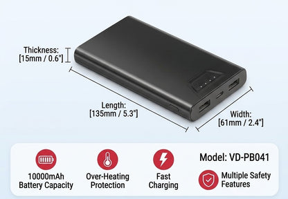 Matte black power bank showing side ports and slim compact profile