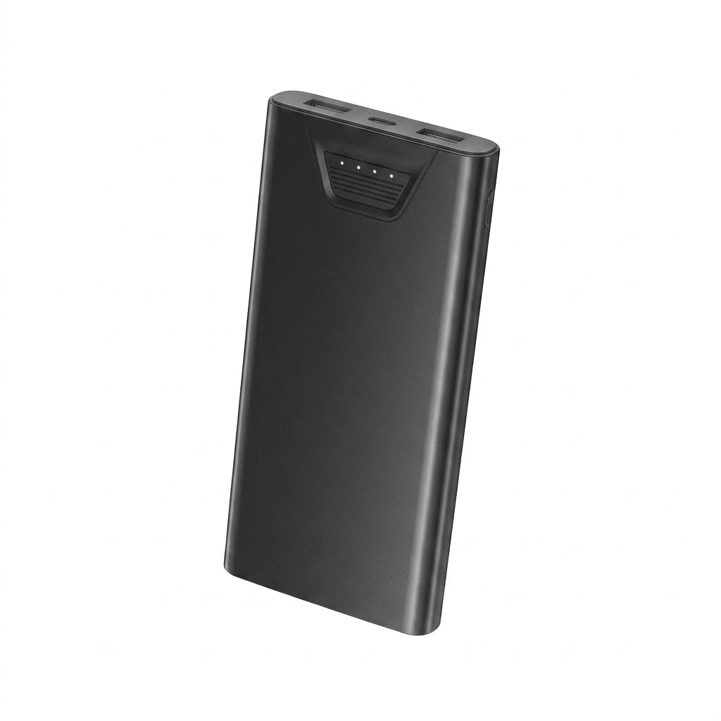 Matte black ultra-slim power bank with front port area, angled view