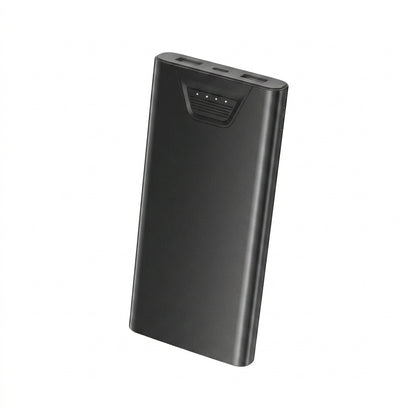 Matte black ultra-slim power bank with front port area, angled view