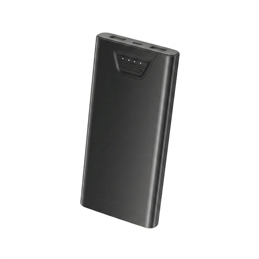 Matte black ultra-slim power bank with front port area, angled view