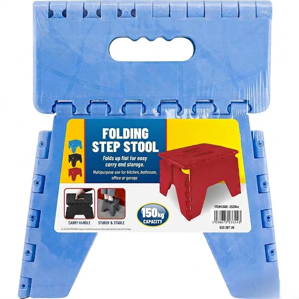 Blue folding step stool box with carry handle and 150kg capacity