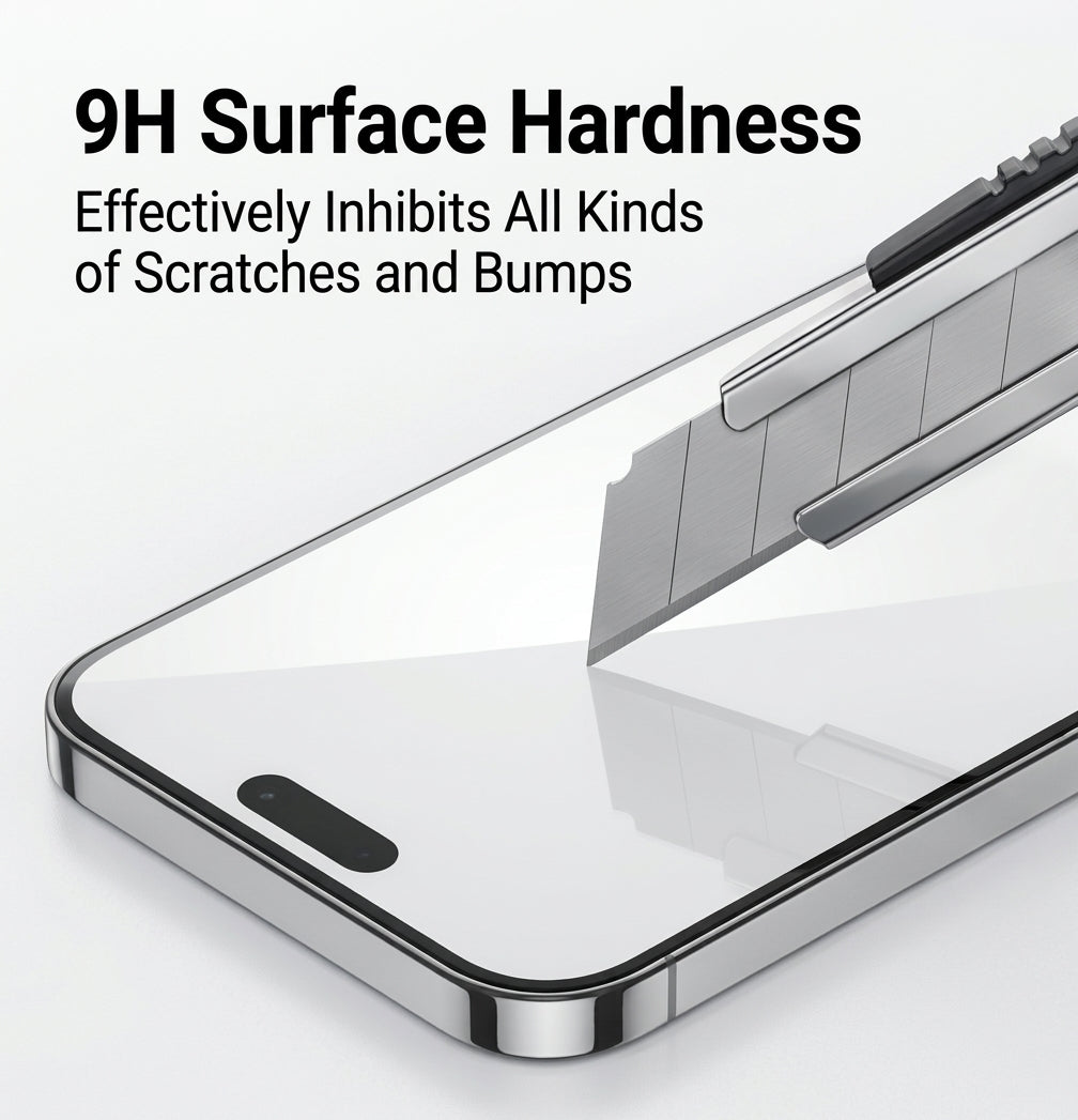 Tempered glass screen protector with reinforced 9H edge border, corner close-up