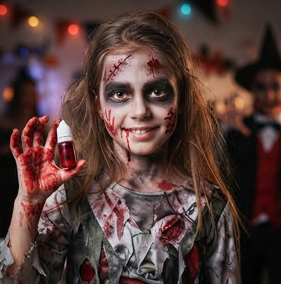 Halloween face makeup with fake blood drips and smeared hand holding a mini bottle