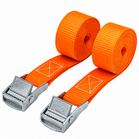 Orange cargo lashing straps with metal cam buckles, 2M x 25mm, 2-pack