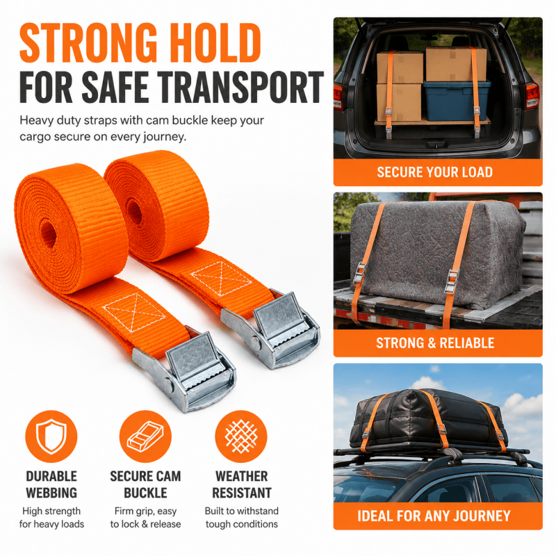 Orange heavy-duty cargo straps with cam buckles for safe transport, 2-pack