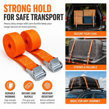 Orange heavy-duty cargo straps with cam buckles for safe transport, 2-pack