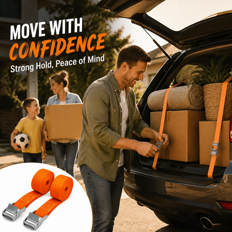Orange tie-down straps with cam buckles securing luggage in a vehicle